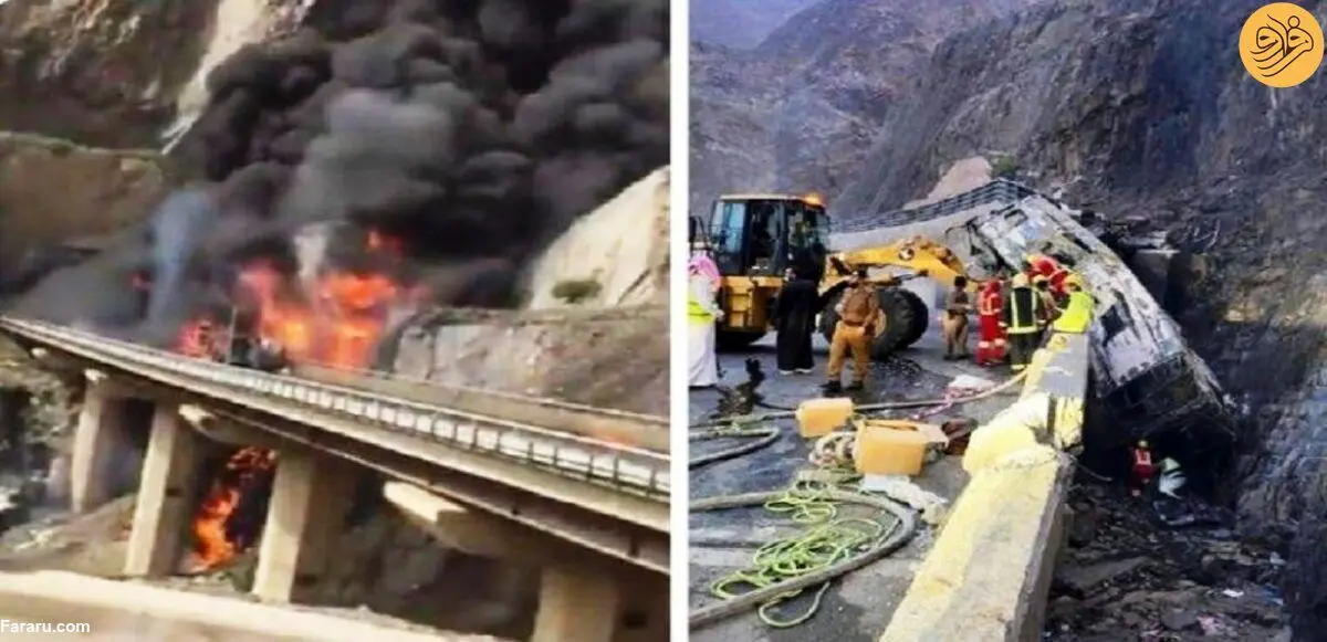 (ویدئو) آتش گرفتن هولناک اتوبوس زائران خانه خدا؛ ۵۰ زائر کشته و زخمی شدند