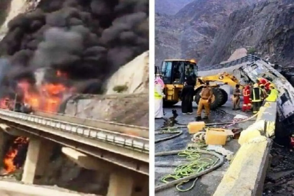 (ویدئو) آتش گرفتن هولناک اتوبوس زائران خانه خدا؛ ۵۰ زائر کشته و زخمی شدند
