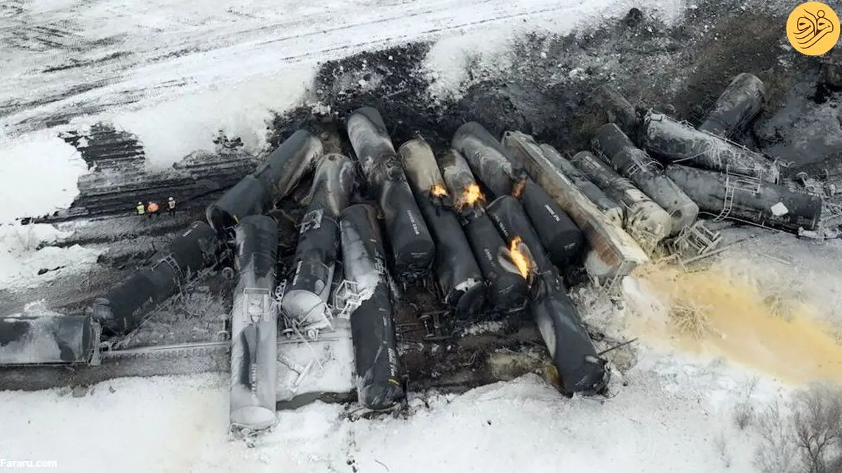 (ویدئو) آتش گرفتن قطار حامل اتانول پس از خروج از ریل