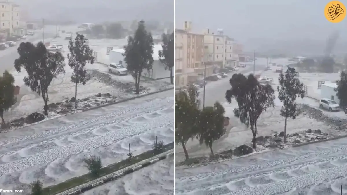 (ویدئو) بارش شگفت انگیز تگرگ در طائف عربستان