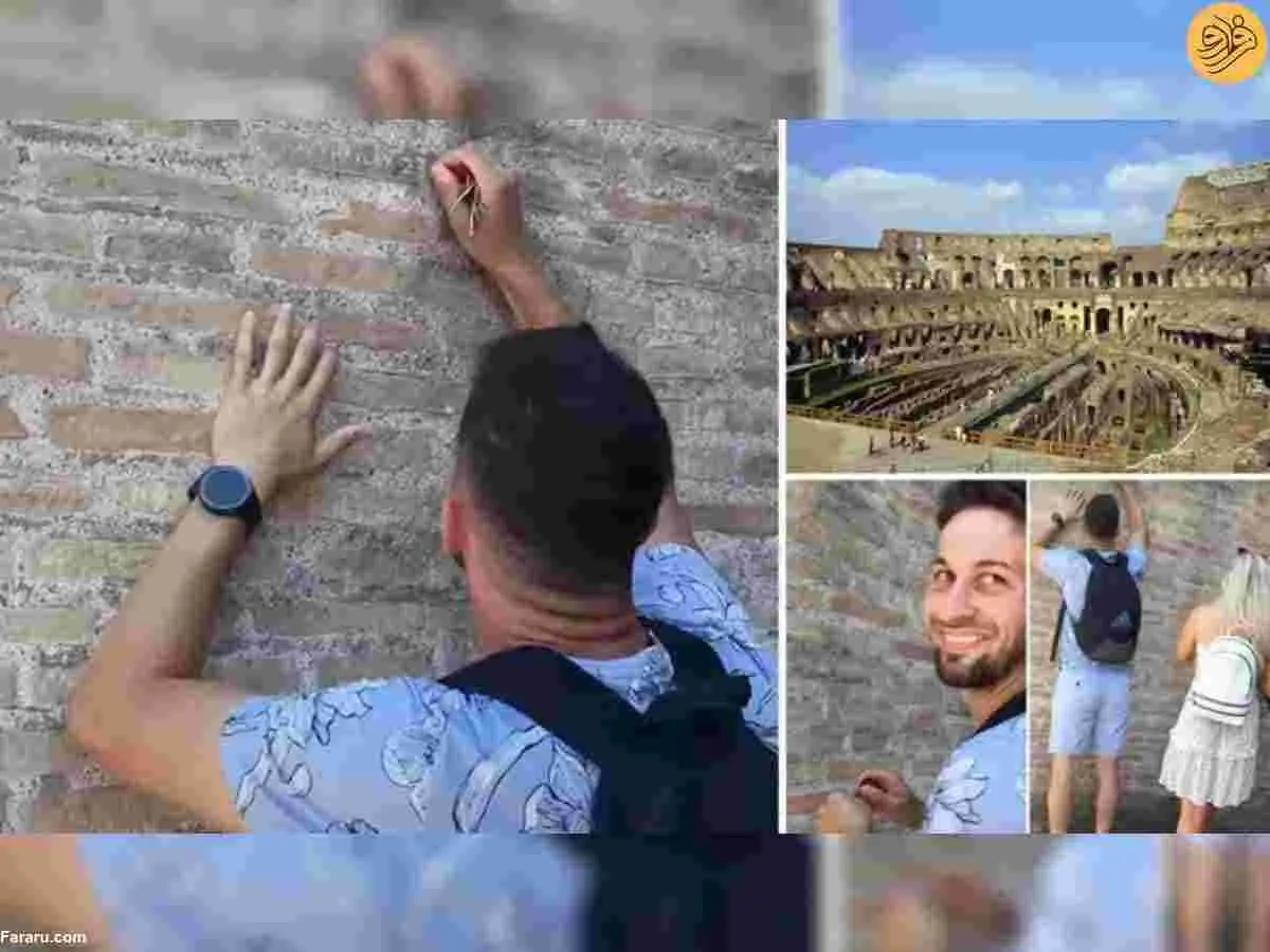 (ویدئو) جنجال گردشگری که روی بنای تاریخی اسم نامزدش را نوشت