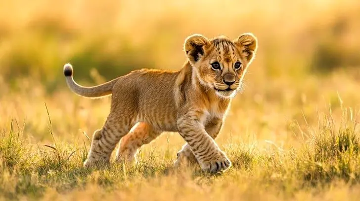 بچه شیر کنجکاو بطری پلاستیکی را با دهانش برداشت