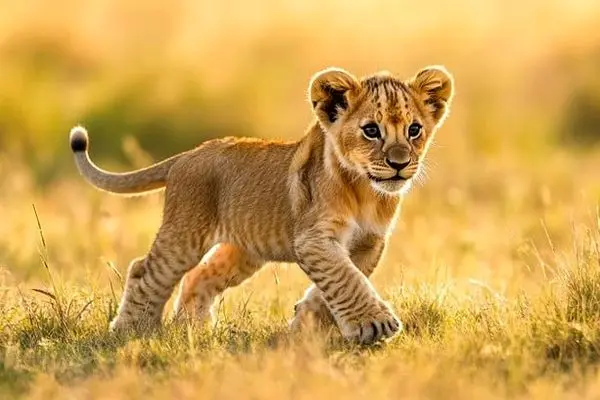 بچه شیر کنجکاو بطری پلاستیکی را با دهانش برداشت