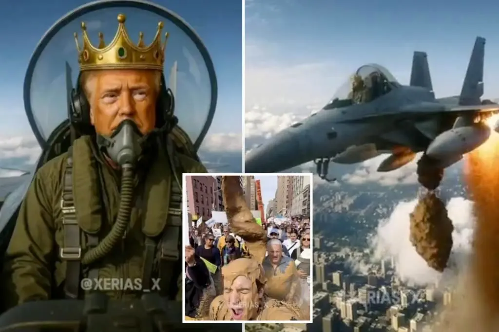 «شاه ترامپ» با جت جنگنده و ریختن لجن بر سر معترضان ظاهر شد