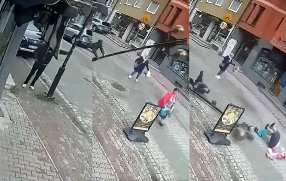 ببینید؛ سقوط هولناک چراغ‌برق روی یک زن در پی بی‌احتیاطی مرد مست