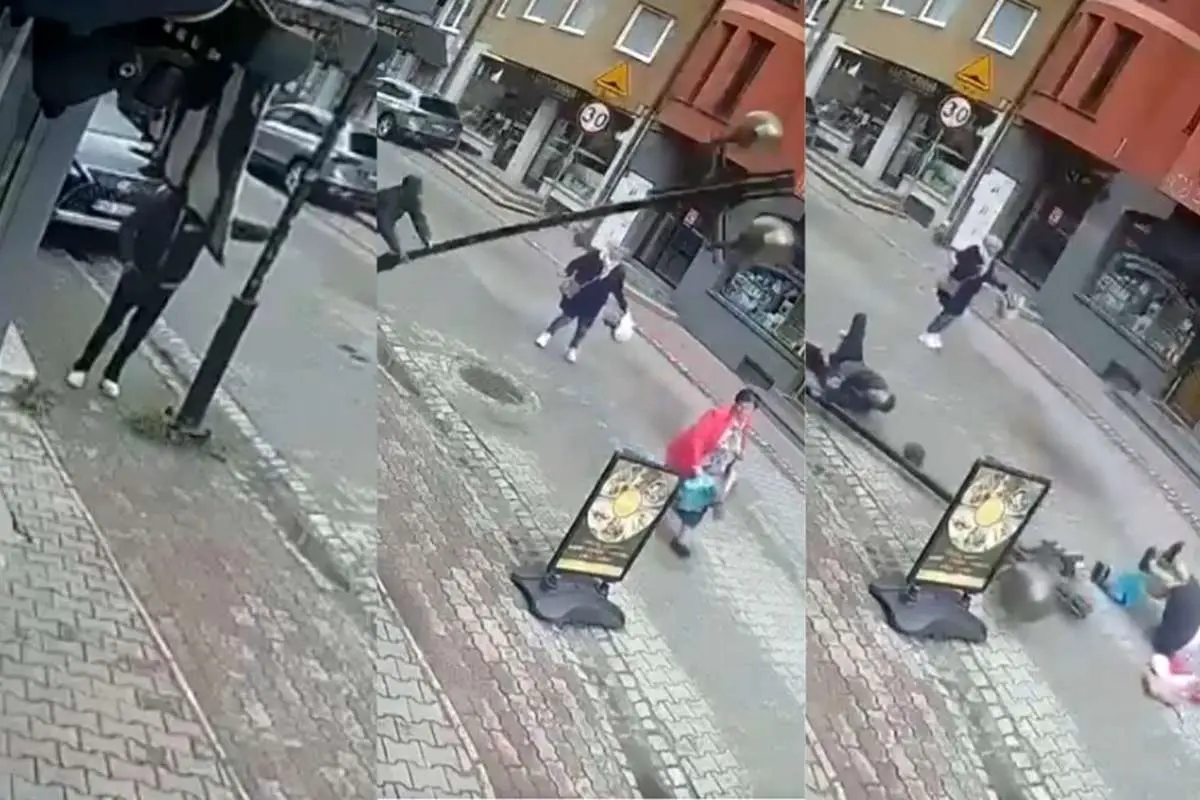 ببینید؛ سقوط هولناک چراغ‌برق روی یک زن در پی بی‌احتیاطی مرد مست