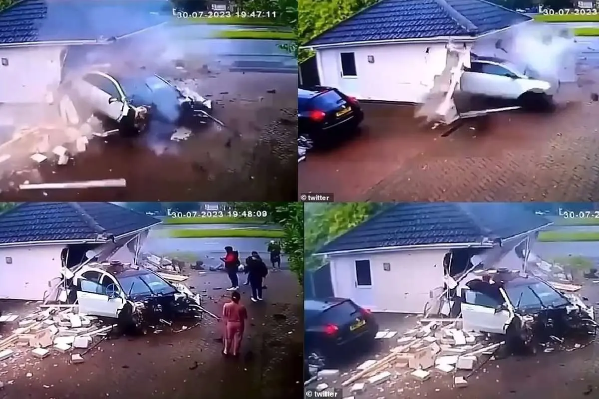 (ویدئو) تصادف شدید مرسدس بنز با یک گاراژ
