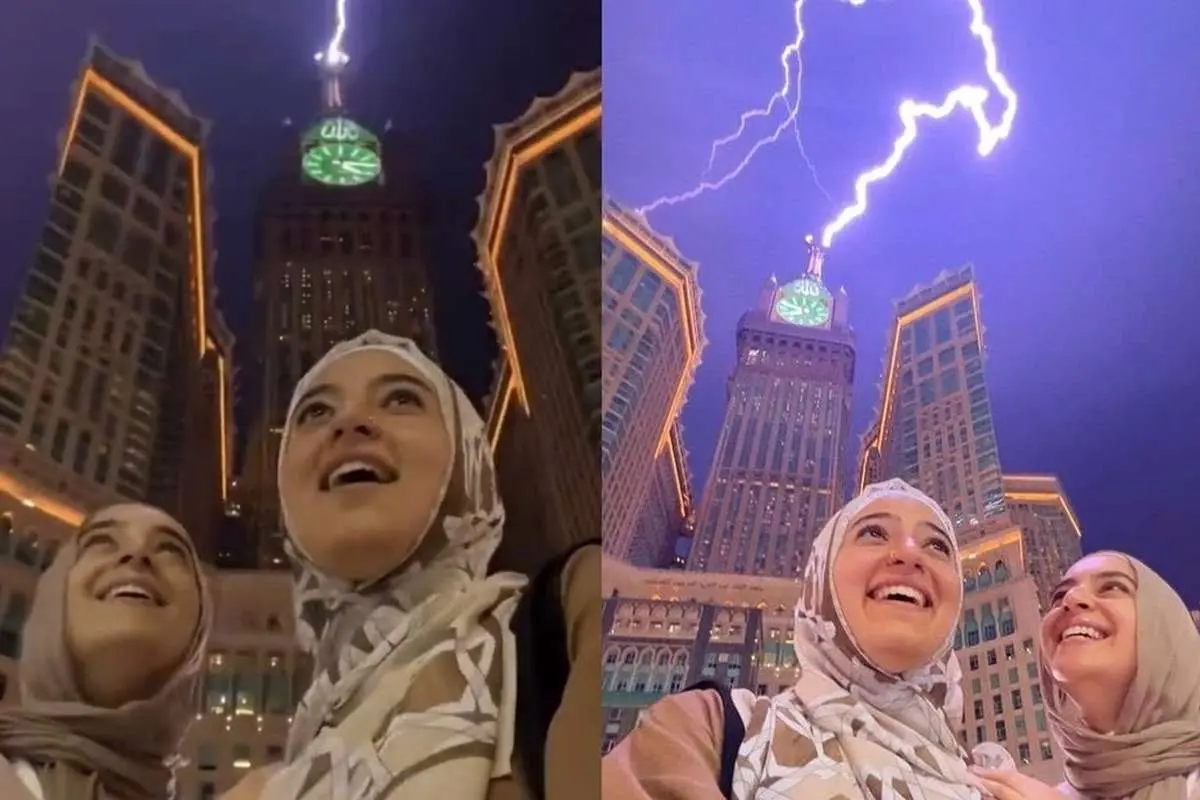 (ویدیو) سلفی پربازدید دو خواهر عربستانی هنگام برخورد صاعقه به برج ساعت