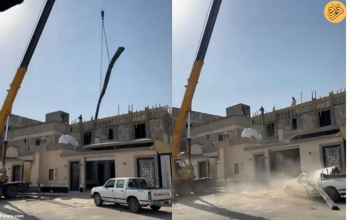 (ویدئو) لحظه سقوط میلگردها از جرثقیل روی یک وانت