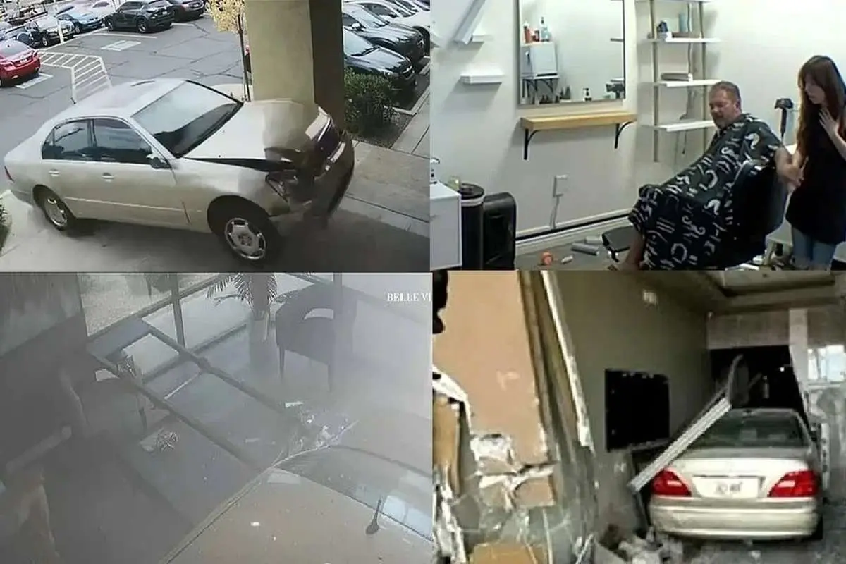 (ویدئو) وحشت آرایشگر زن از ورود ناگهانی یک خودرو