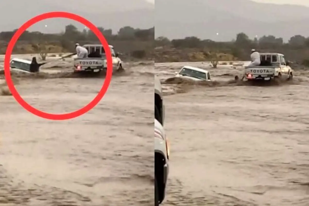 (ویدئو) نجات یک عربستانی گرفتار در سیل مکه