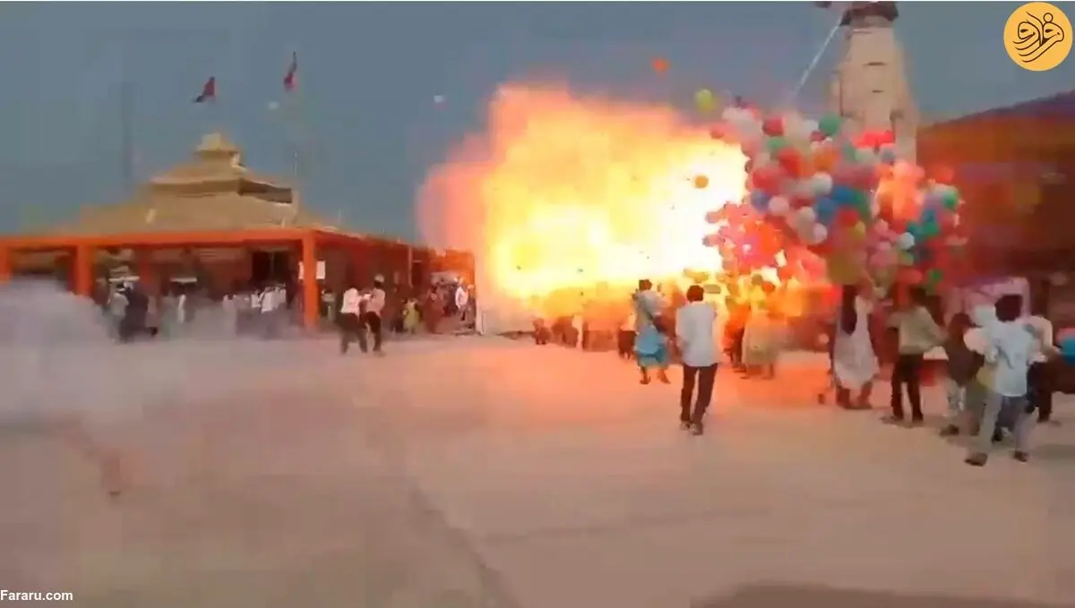 (ویدئو) انفجار آتشین صدها بادکنک بر اثر ترقه‌بازی
