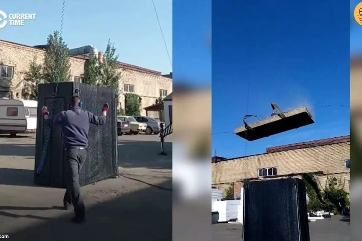 (ویدئو) آزمایش پناهگاه خودساخته مرد اوکراینی با وزنه یک تُنی
