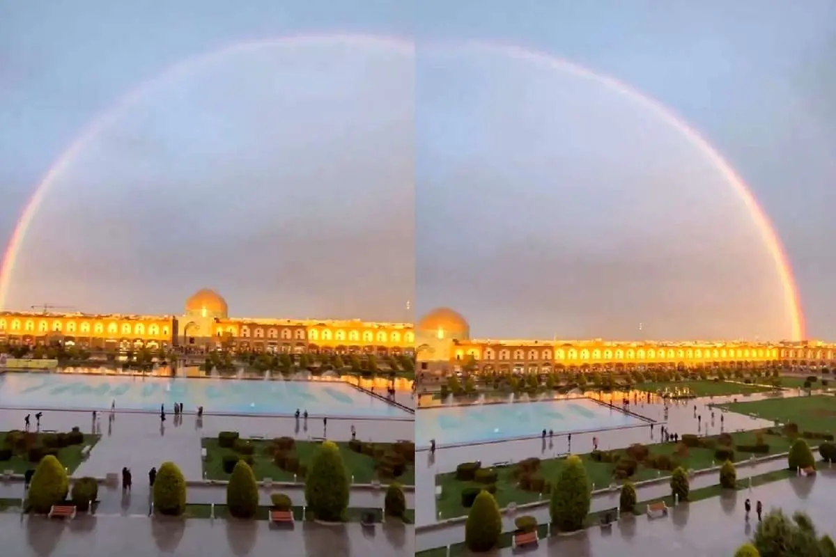 تصاویری خیرهکننده از رنگین کمان بر فراز نقش جهان اصفهان