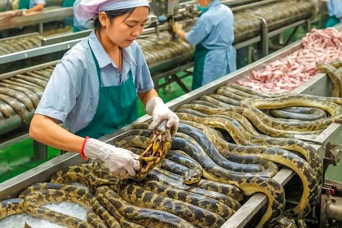 (ویدئو) فرآیند پرورش میلیون ها مار و پردازش پوست آن ها در کارخانه