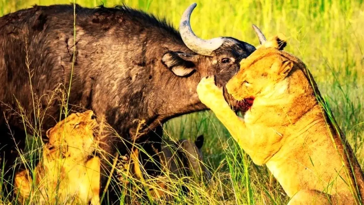 ببینید؛  عشق مادرانه و اتحاد گله؛ بوفالوها گوساله را از چنگ شیرها نجات دادند