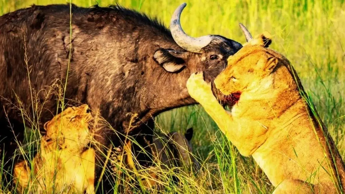 ببینید؛  عشق مادرانه و اتحاد گله؛ بوفالوها گوساله را از چنگ شیرها نجات دادند