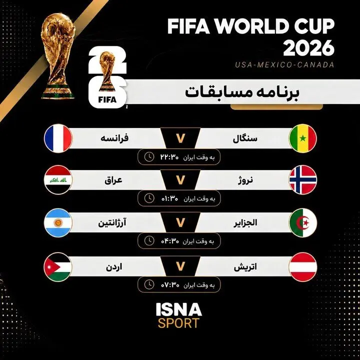 برنامه روز ششم جام جهانی 2026 ؛ ساعت بازی‌های آرژانتین و فرانسه