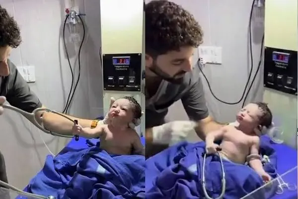 نوزاد تازه‌ متولد شده با یک حرکت بامزه پربازدید شد