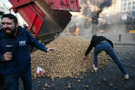 اعتراض کشاورزان در بروکسل؛ سیب‌زمینی‌ها سهم رهگذران شد