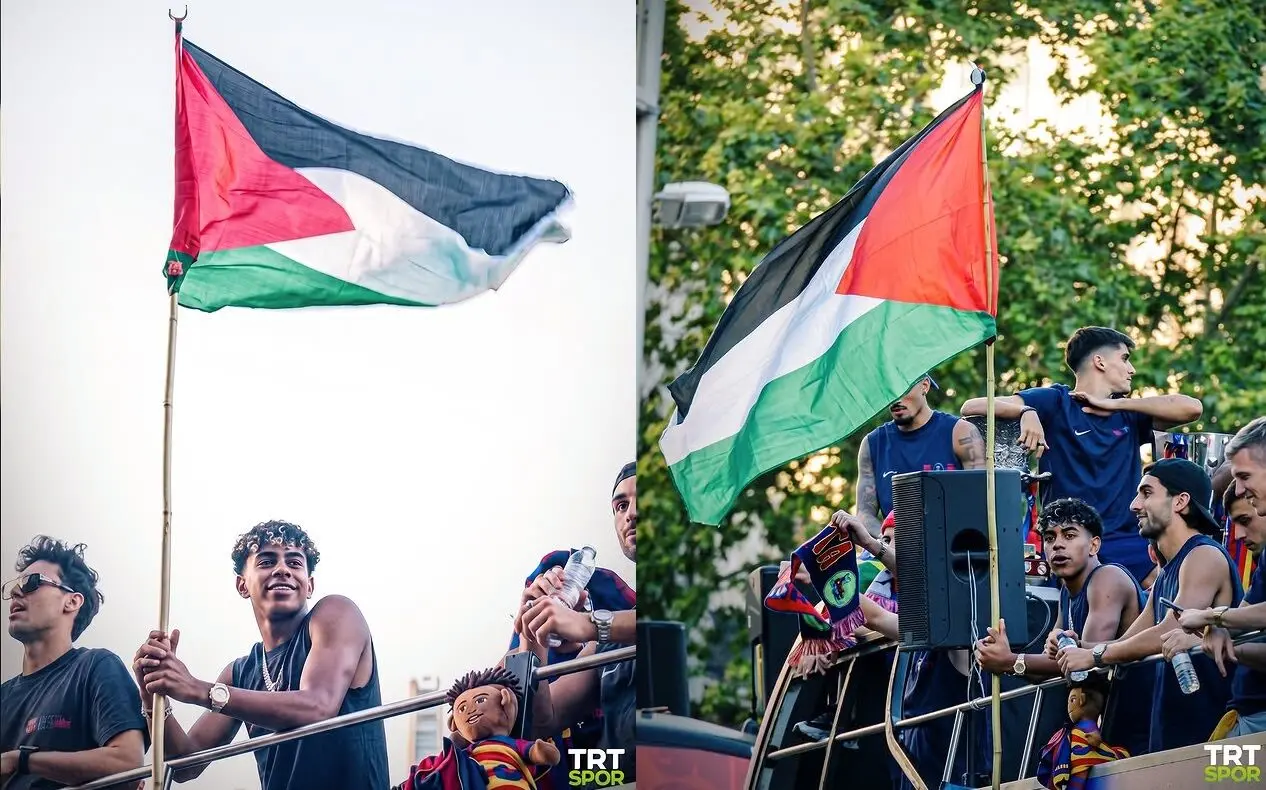 لامین یامال با پرچم فلسطین در جشن قهرمانی بارسلونا