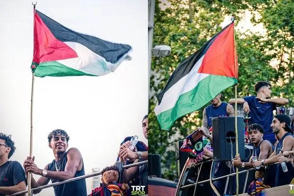 لامین یامال با پرچم فلسطین در جشن قهرمانی بارسلونا
