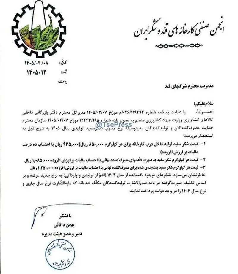 قیمت شکر