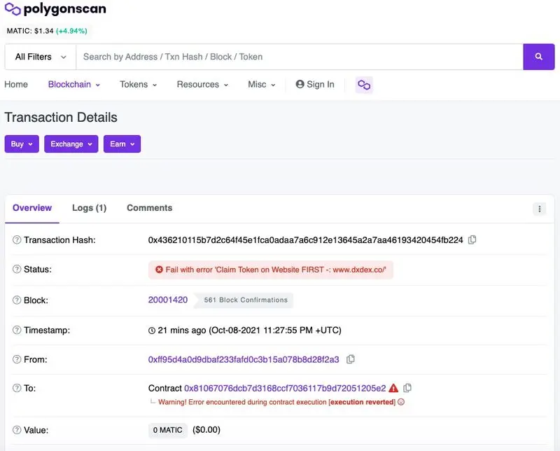 نمونه بررسی تراکنش‌های توکن تقلبی در مرورگر پالیگان اسکن