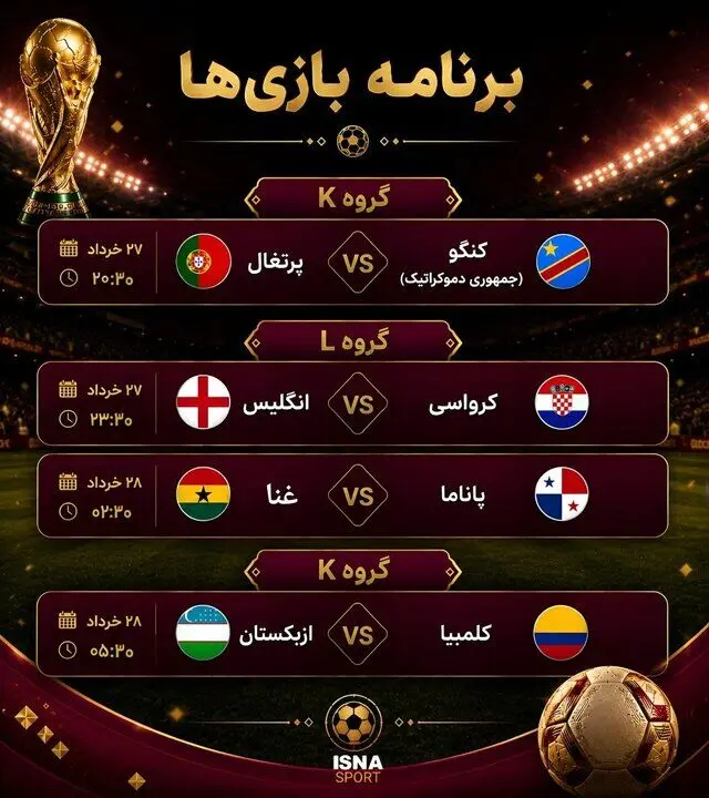 برنامه روز هفتم جام جهانی ۲۰۲۶ / ساعت بازی های پرتغال و انگلیس