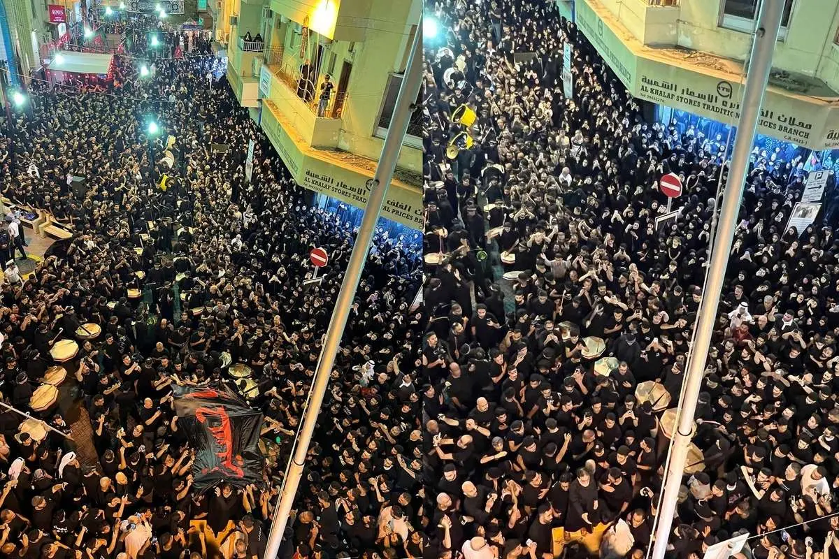 تصاویر؛ با وجود تهدید و سرکوب؛ پرچم امام حسین(ع) در بحرین برافراشته شد