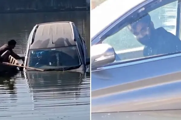 ببینید؛ نجات دراماتیک راننده یک خودروی در حال غرق شدن