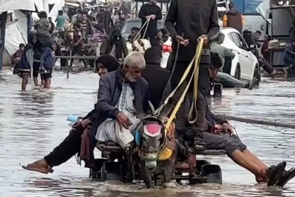 عبور فلسطینی‌ها با گاری از میان سیلاب